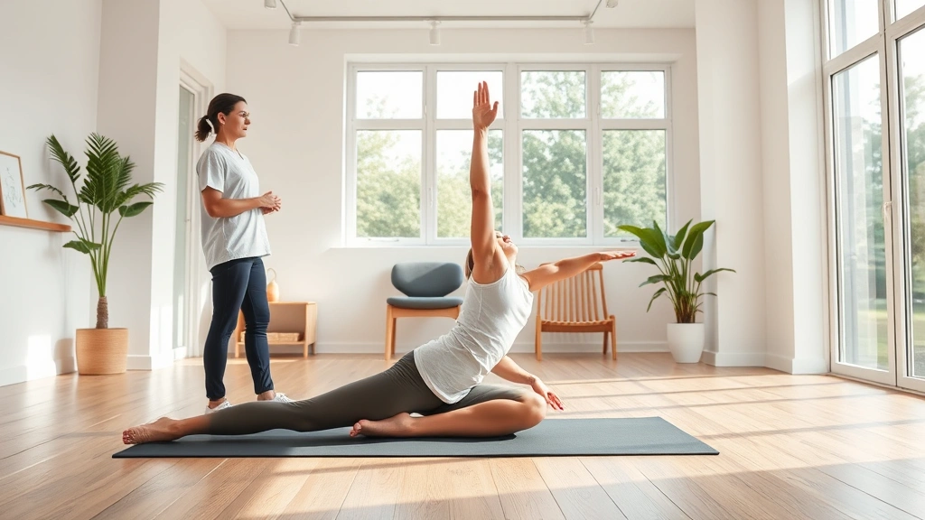 Wide shot of modern rehabilitation clinic with patient performing stretching exercise with full body awareness, therapist observing posture, minimalist bright space with wooden floors and large windows, healing atmosphere