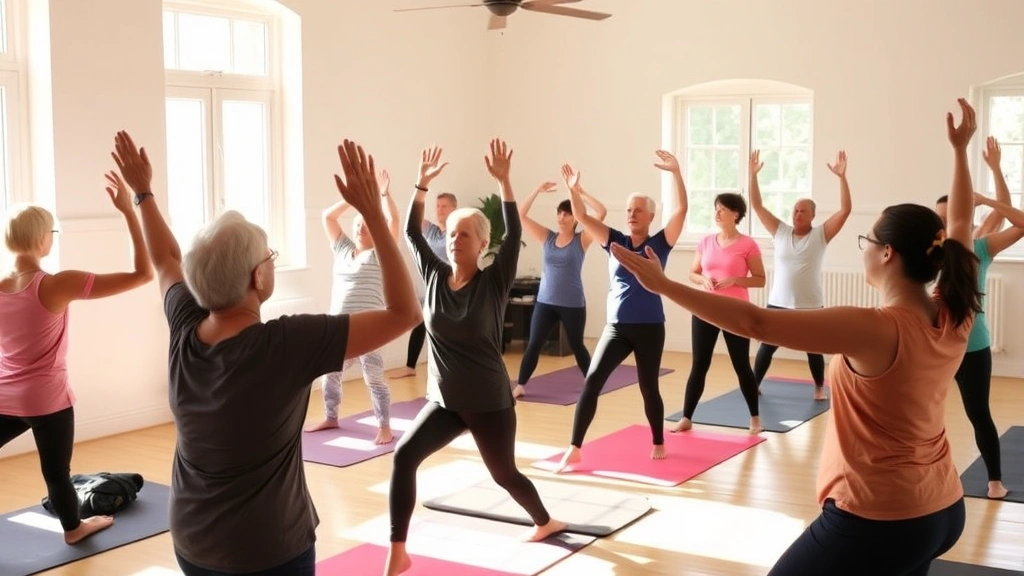 A diverse group of patients practicing gentle yoga poses together in a bright studio, natural sunlight streaming through windows, focusing on mindful movement and body awareness, therapeutic environment