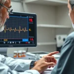 Close-up photorealistic image of a cardiologist examining a patient's heart monitor displaying electrocardiogram readings with medication bottles labeled with antiplatelet agents on the desk, professional medical office setting with soft clinical lighting