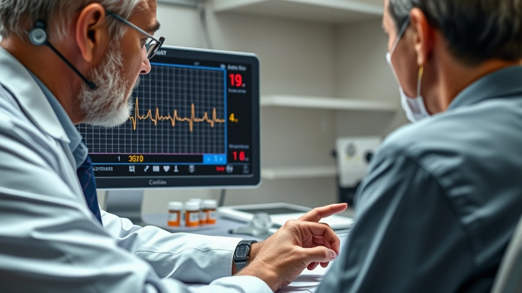 Close-up photorealistic image of a cardiologist examining a patient's heart monitor displaying electrocardiogram readings with medication bottles labeled with antiplatelet agents on the desk, professional medical office setting with soft clinical lighting