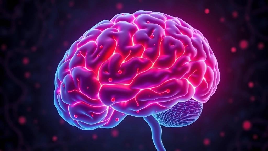 Photorealistic illustration of human brain with highlighted blood vessels and platelets flowing through capillaries, showing neuroinflammation markers in blue and red, medical illustration style, no text, high detail