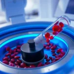 Photorealistic close-up of blood sample in centrifuge machine with glowing blue light, medical laboratory setting, modern equipment, no text or labels visible, professional healthcare environment
