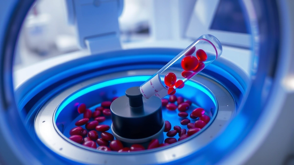 Photorealistic close-up of blood sample in centrifuge machine with glowing blue light, medical laboratory setting, modern equipment, no text or labels visible, professional healthcare environment