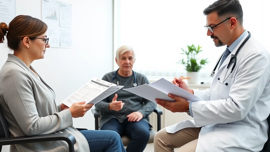 Realistic image of a patient in a medical office consultation with a cardiologist and psychiatrist together reviewing charts, demonstrating integrated care approach, professional healthcare setting, no visible text on documents