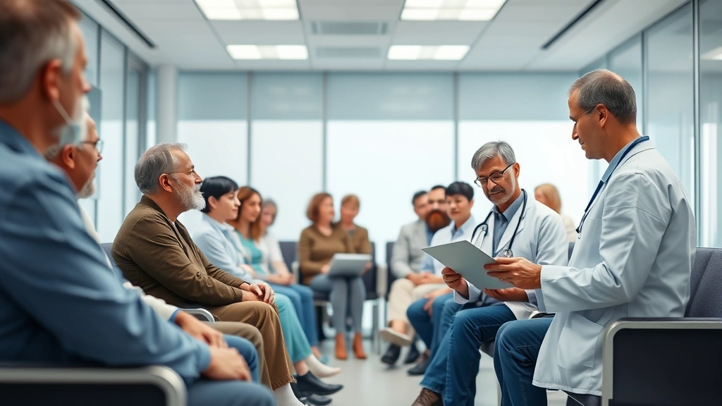Photorealistic image of a diverse group of patients in a modern cardiology clinic waiting room, showing different age groups and demographics, with a healthcare provider reviewing treatment protocols on a tablet, emphasizing personalized medicine approach
