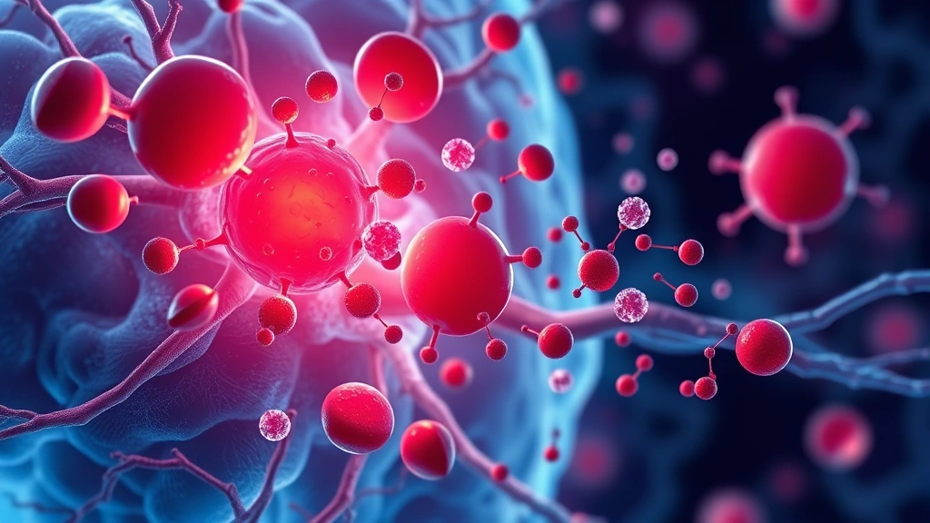 Photorealistic visualization of platelet cells and microparticles interacting with neural tissue, showing serotonin molecules and inflammatory markers, scientific illustration with depth and detail, no text labels