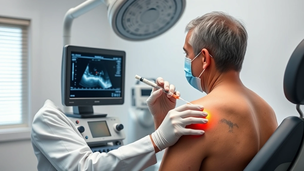 Photorealistic image of healthcare practitioner performing ultrasound-guided injection into patient's shoulder with advanced medical equipment, sterile clinical environment, focused healing moment, no screen displays or text visible