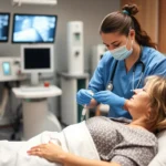 Medical professional administering intravenous infusion to patient in clinical setting, professional mental health environment with monitors and comfortable seating, warm lighting emphasizing safety and care