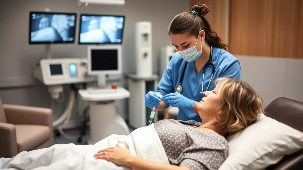 Medical professional administering intravenous infusion to patient in clinical setting, professional mental health environment with monitors and comfortable seating, warm lighting emphasizing safety and care