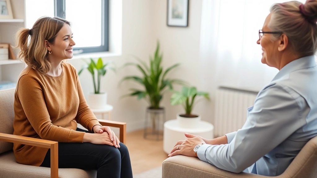 Therapist and patient in therapeutic conversation during treatment session, comfortable clinical room with natural light, professional yet compassionate interaction, diverse representation of mental health care