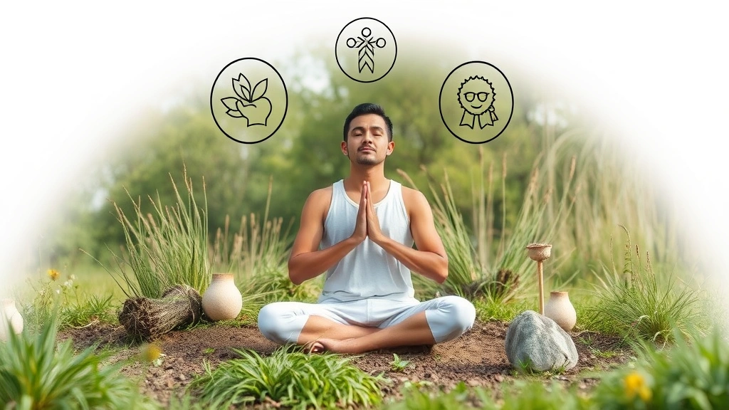 A peaceful individual in a natural setting practicing grounding techniques or mindfulness, surrounded by elements representing mental wellness, emotional balance, and therapeutic progress