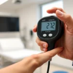 Close-up of a digital hand dynamometer being held by a patient during strength testing in a bright clinical rehabilitation setting, showing the display screen with numerical reading, professional medical environment