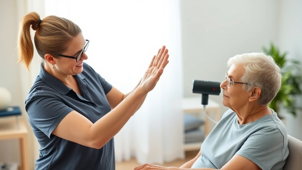 Occupational therapist demonstrating proper hand positioning for dynamometer grip strength assessment with a middle-aged patient, showing correct seated posture with arm position, natural clinical therapy room lighting