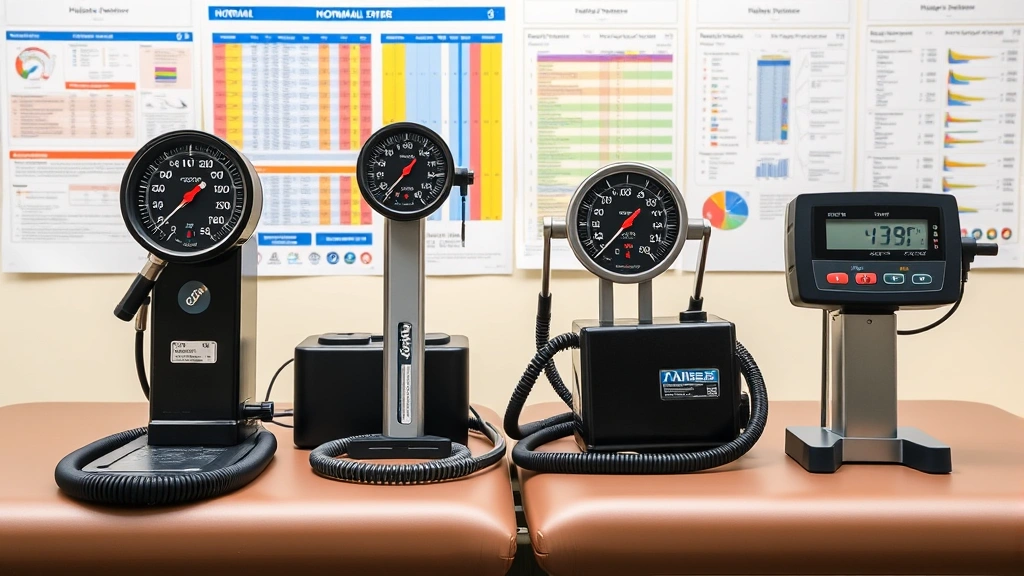Side-by-side comparison of different dynamometer types including hydraulic and digital models arranged on a therapy table with normative reference charts in background, clinical rehabilitation equipment display