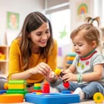 Young speech-language pathologist working with toddler using colorful toys and interactive games in bright, welcoming therapy room with natural lighting and developmental materials on shelves