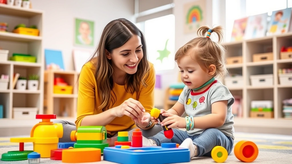 Young speech-language pathologist working with toddler using colorful toys and interactive games in bright, welcoming therapy room with natural lighting and developmental materials on shelves