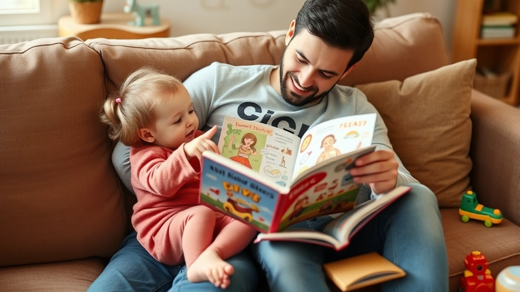 Parent and child reading picture book together on comfortable couch, child pointing at illustrations, warm home environment with toys and books visible, genuine interaction and engagement