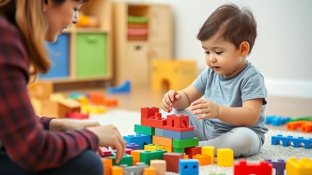 Child playing with building blocks during therapy session, therapist observing and engaging, natural play-based intervention setting with age-appropriate toys and materials scattered around