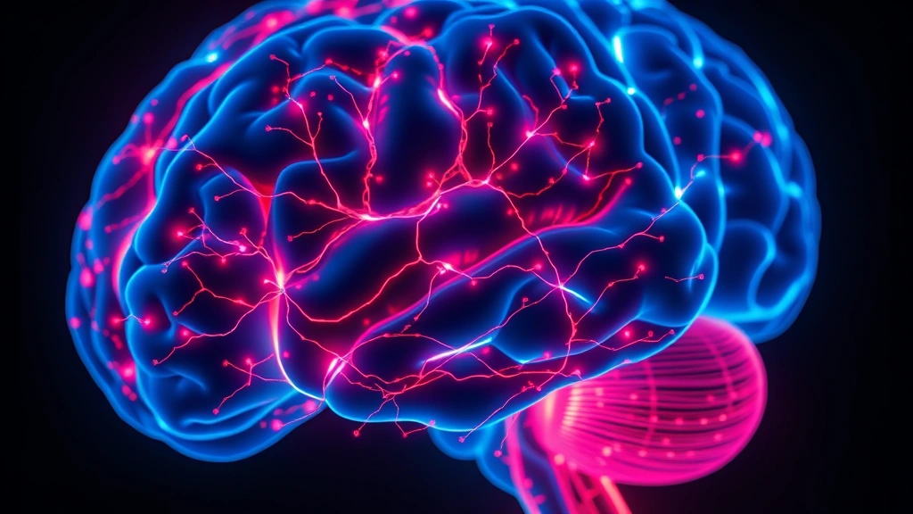 Close-up photorealistic view of human brain with glowing neural networks and blood vessels highlighted in blue and red, representing cerebral circulation and neuroplasticity, dark background, scientific visualization style, no text