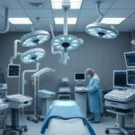 Modern psychiatric hospital operating room with ECT equipment, anesthesia monitors, and professional medical staff preparing equipment, clinical and professional atmosphere, no visible patients