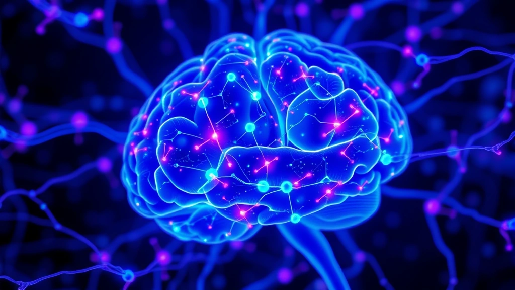 Brain neural pathways and synapses illuminated in blue and purple tones, showing neurotransmitter connections and neural networks, scientific visualization of brain activity