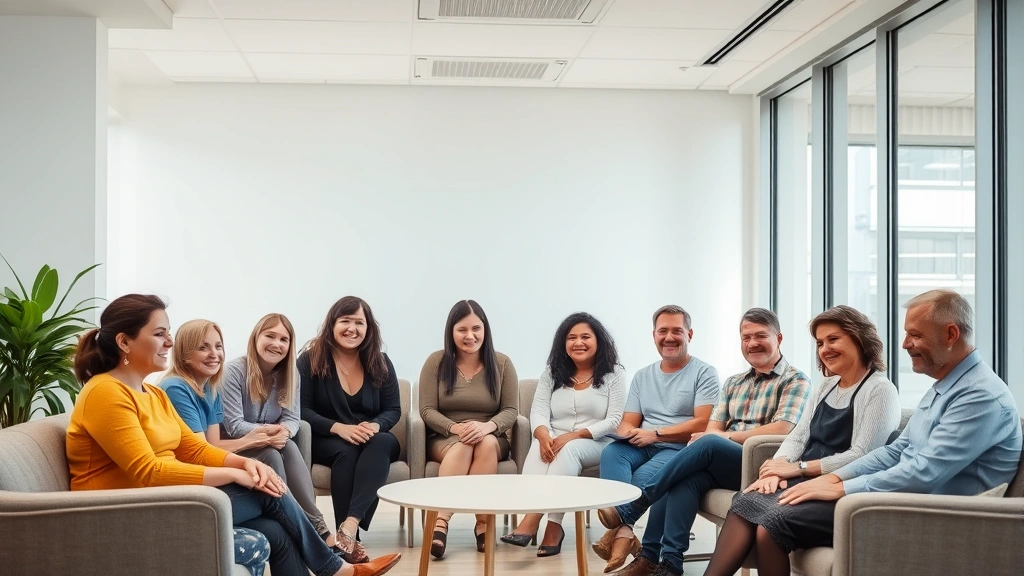 Diverse group of people in a modern mental health clinic waiting room looking hopeful and calm, natural lighting, contemporary comfortable furniture, representing recovery and wellness