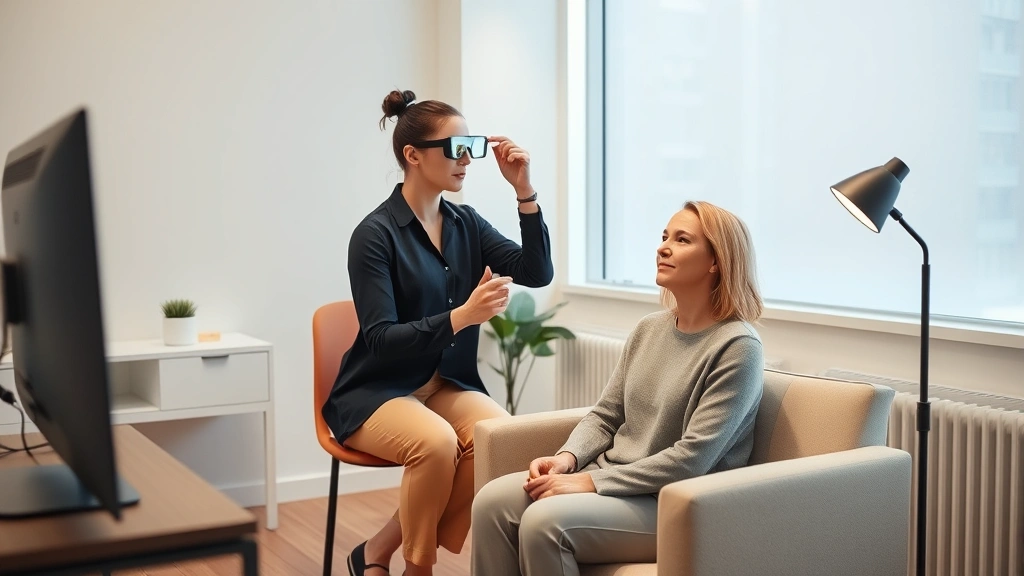 Professional therapist in modern minimalist NYC office conducting bilateral eye movement therapy session with calm patient sitting comfortably, soft lighting, peaceful atmosphere, no screens or text visible