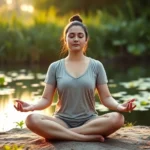 Person meditating in lotus position in peaceful natural setting with soft morning light, surrounded by green plants and calm water, serene facial expression