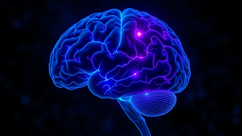 Brain scan visualization showing highlighted prefrontal cortex and reduced amygdala activity, neural pathways glowing with blue and purple light, scientific medical imagery