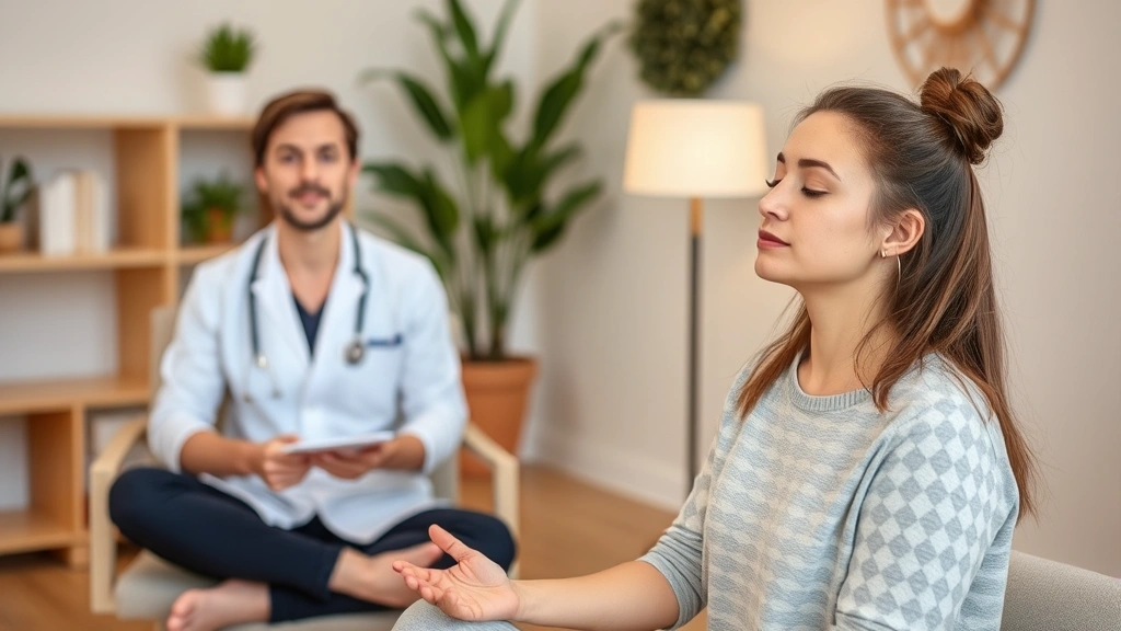 Therapist and patient in clinical setting during mindfulness session, person sitting comfortably with eyes closed, therapist taking notes, warm professional environment