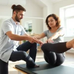 Professional physical therapist guiding a focused patient through therapeutic leg exercises in bright modern rehabilitation clinic, patient showing concentration and engagement, natural lighting highlighting movement