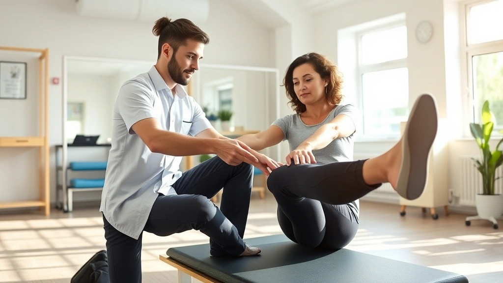 Professional physical therapist guiding a focused patient through therapeutic leg exercises in bright modern rehabilitation clinic, patient showing concentration and engagement, natural lighting highlighting movement