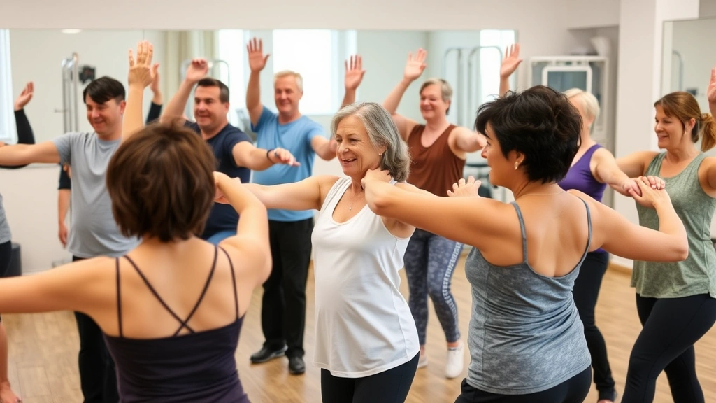Diverse group of patients in group physical therapy session performing synchronized stretching movements together, smiling and encouraging each other, therapeutic setting with mirrors and exercise equipment visible