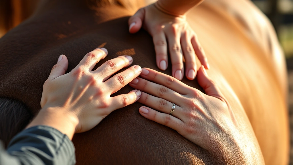 Close-up of skilled hands applying massage technique to horse's back muscles, demonstrating proper hand positioning and technique, warm natural lighting, focused therapeutic application, professional equine wellness