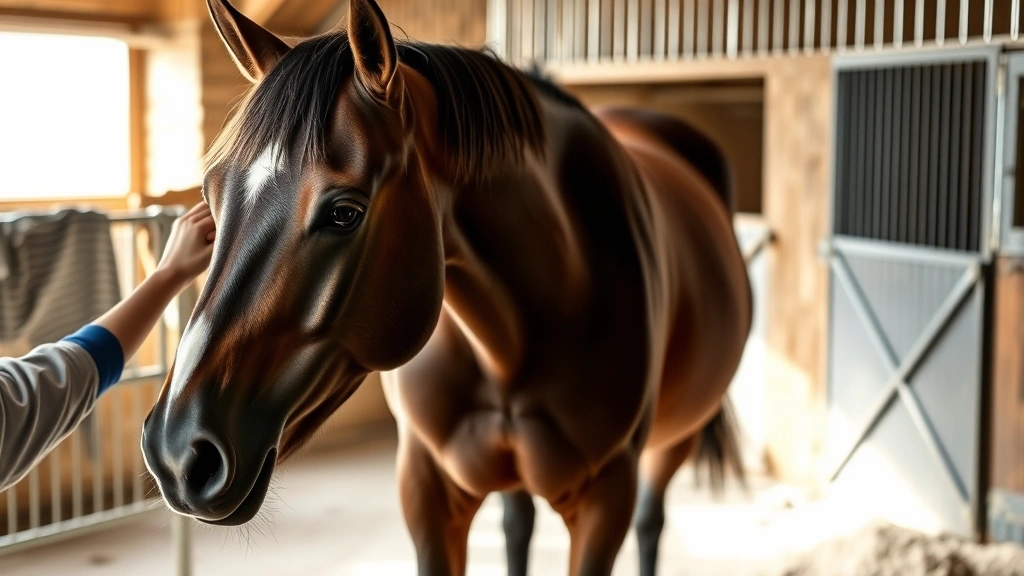 Calm horse standing relaxed in stable with lowered head and soft expression after massage therapy session, peaceful barn environment, demonstrating visible signs of relaxation and stress reduction