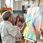 Person painting on canvas with vibrant colors in modern art studio, focused expression, natural lighting streaming through windows, surrounded by art supplies and creative materials