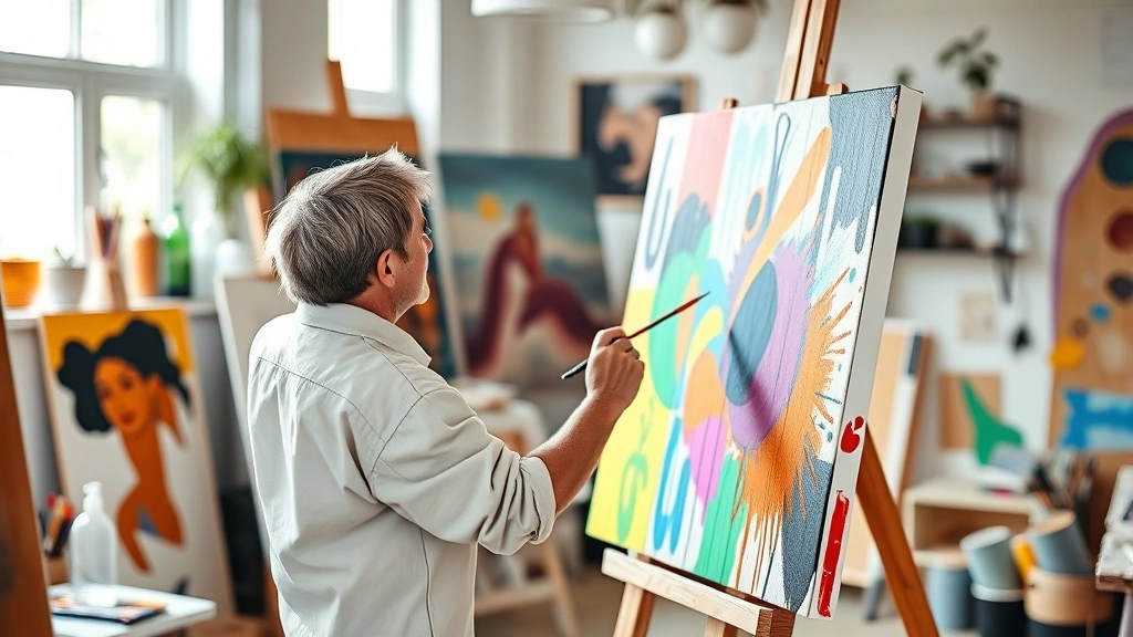 Person painting on canvas with vibrant colors in modern art studio, focused expression, natural lighting streaming through windows, surrounded by art supplies and creative materials