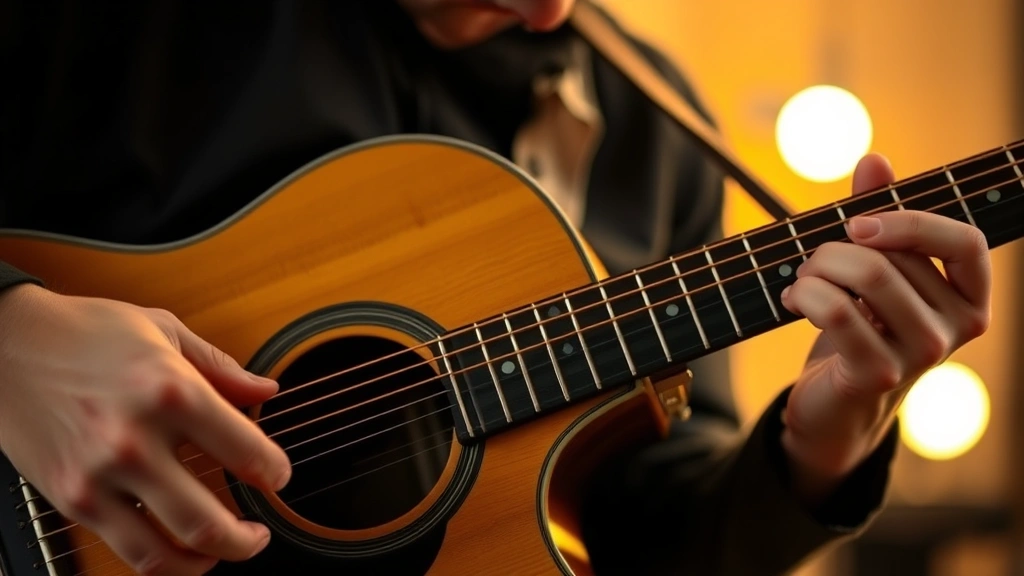 Close-up of hands playing acoustic guitar strings with soft focus background, musician in contemplative state, warm studio lighting, shallow depth of field emphasizing finger positioning