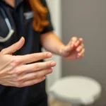 Professional physical therapist demonstrating thumb range-of-motion exercises with patient in clinical rehabilitation setting, hands clearly visible performing therapeutic movements