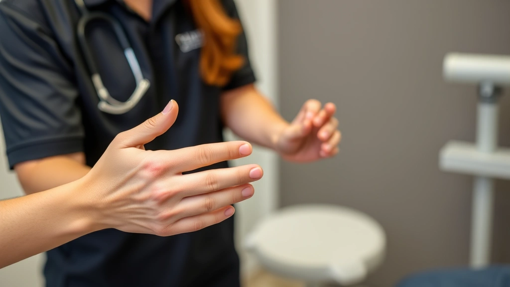 Professional physical therapist demonstrating thumb range-of-motion exercises with patient in clinical rehabilitation setting, hands clearly visible performing therapeutic movements