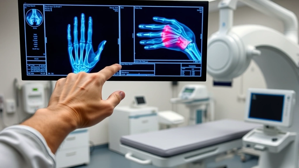 Advanced medical imaging technology display showing detailed hand anatomy and fracture assessment, sophisticated healthcare environment with modern diagnostic equipment