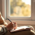 Person sitting peacefully in natural sunlight by window with journal and pen, hands resting on notebook with soft focus background, serene morning atmosphere, mindful contemplation expression, warm lighting, high quality photorealistic