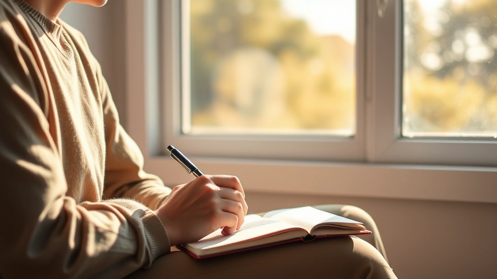 Person sitting peacefully in natural sunlight by window with journal and pen, hands resting on notebook with soft focus background, serene morning atmosphere, mindful contemplation expression, warm lighting, high quality photorealistic