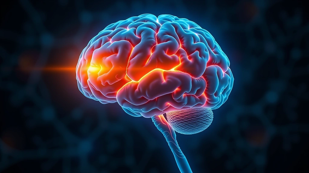 Brain visualization showing highlighted prefrontal cortex and calm amygdala region, neural pathways glowing, abstract medical illustration style, representing mindfulness neurological effects