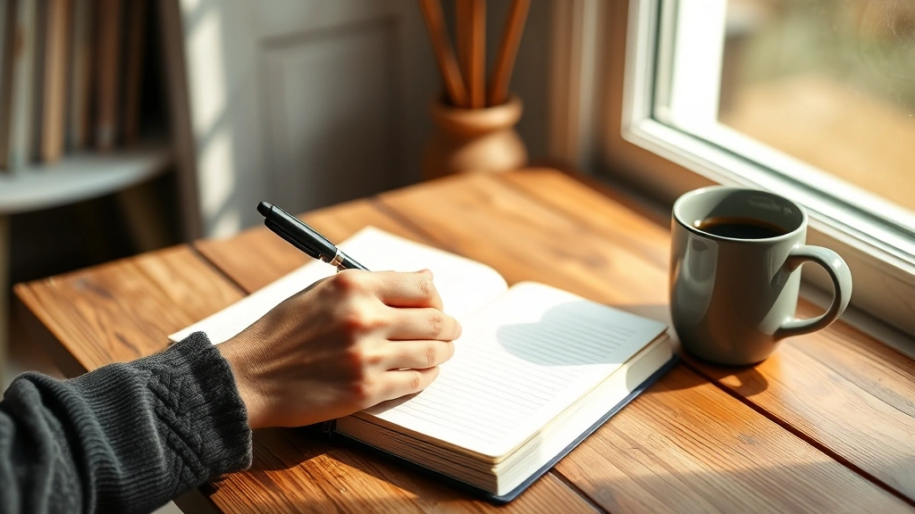Hands writing in journal with coffee cup nearby on wooden desk, morning journaling session, peaceful home environment, natural window light streaming in, focused contemplative moment, photorealistic detailed composition, warm tones