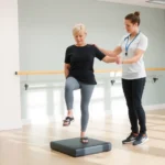 Physical therapist assisting senior woman performing single-leg stance exercise on foam pad in bright clinical rehabilitation setting with parallel bars visible, professional therapeutic environment
