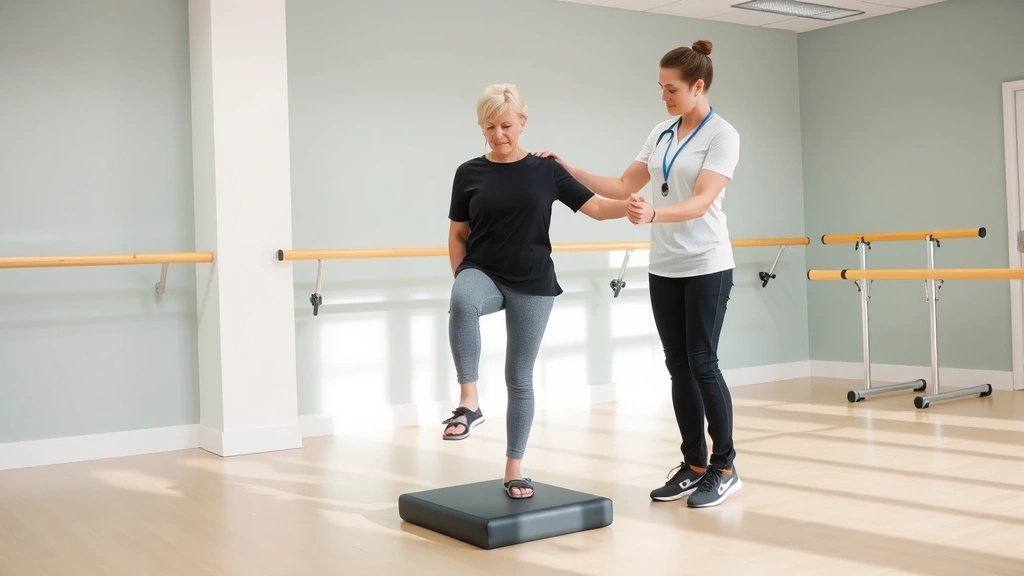 Physical therapist assisting senior woman performing single-leg stance exercise on foam pad in bright clinical rehabilitation setting with parallel bars visible, professional therapeutic environment
