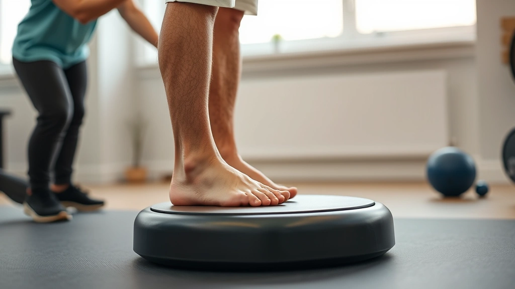 Close-up of older adult's feet on balance disc during proprioceptive training with therapist spotting nearby, showing proper exercise form in modern therapy clinic