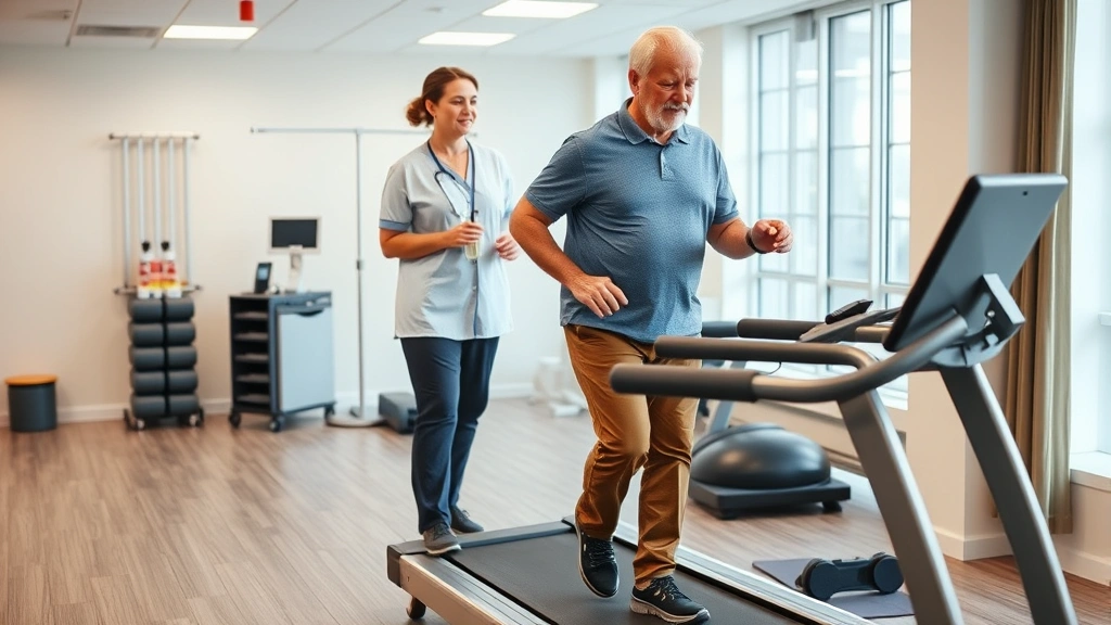 Senior man walking on treadmill with therapist monitoring gait and providing verbal cues in contemporary physical therapy facility with equipment visible in background
