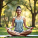 Person sitting in peaceful meditation pose on yoga mat in serene natural garden setting with soft morning light filtering through trees, mindful and calm expression, photorealistic professional photography